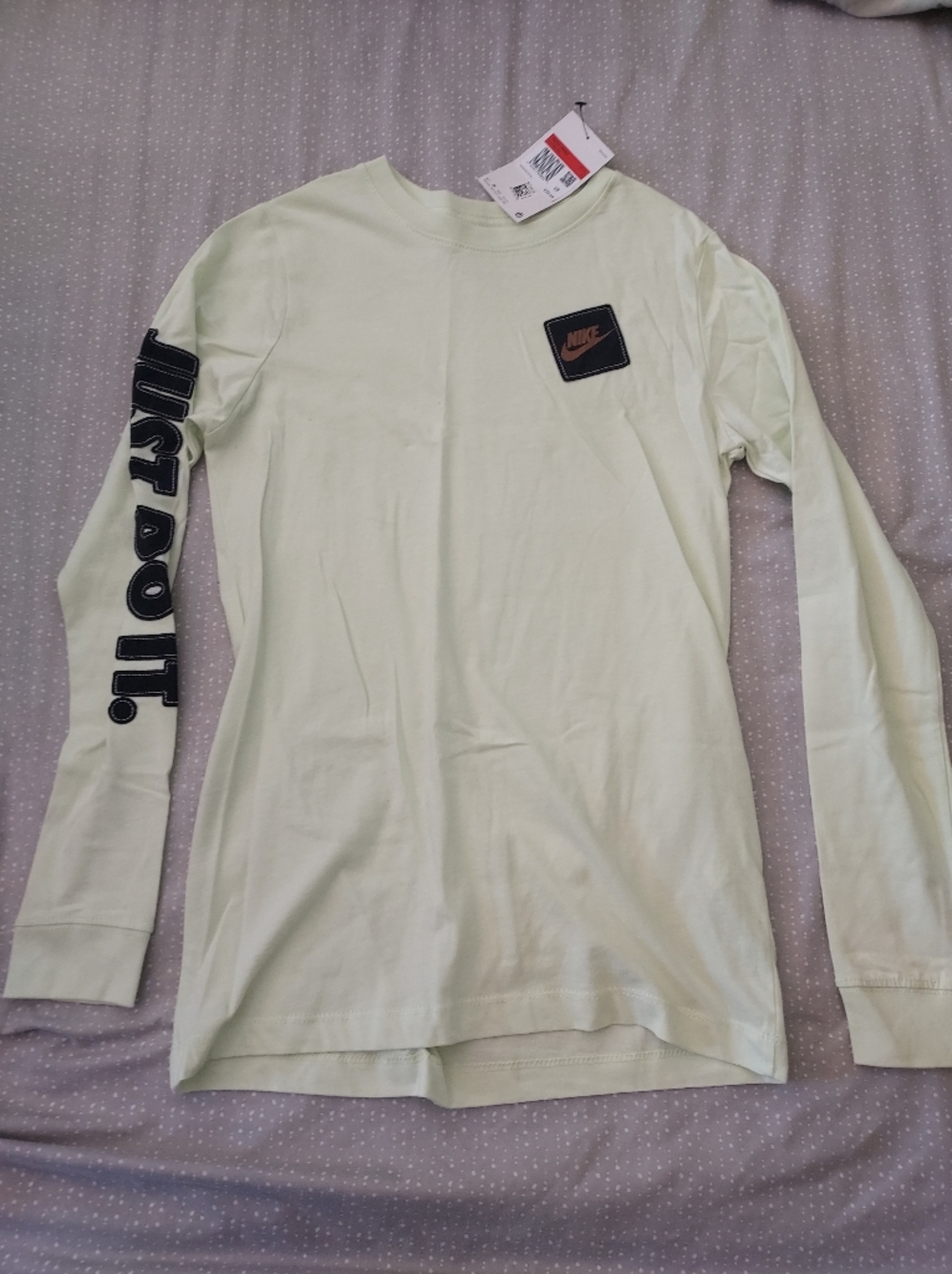 Nike Light Sage Long Sleeve Tee with Black 'Just Do It' Sleeve Graphic